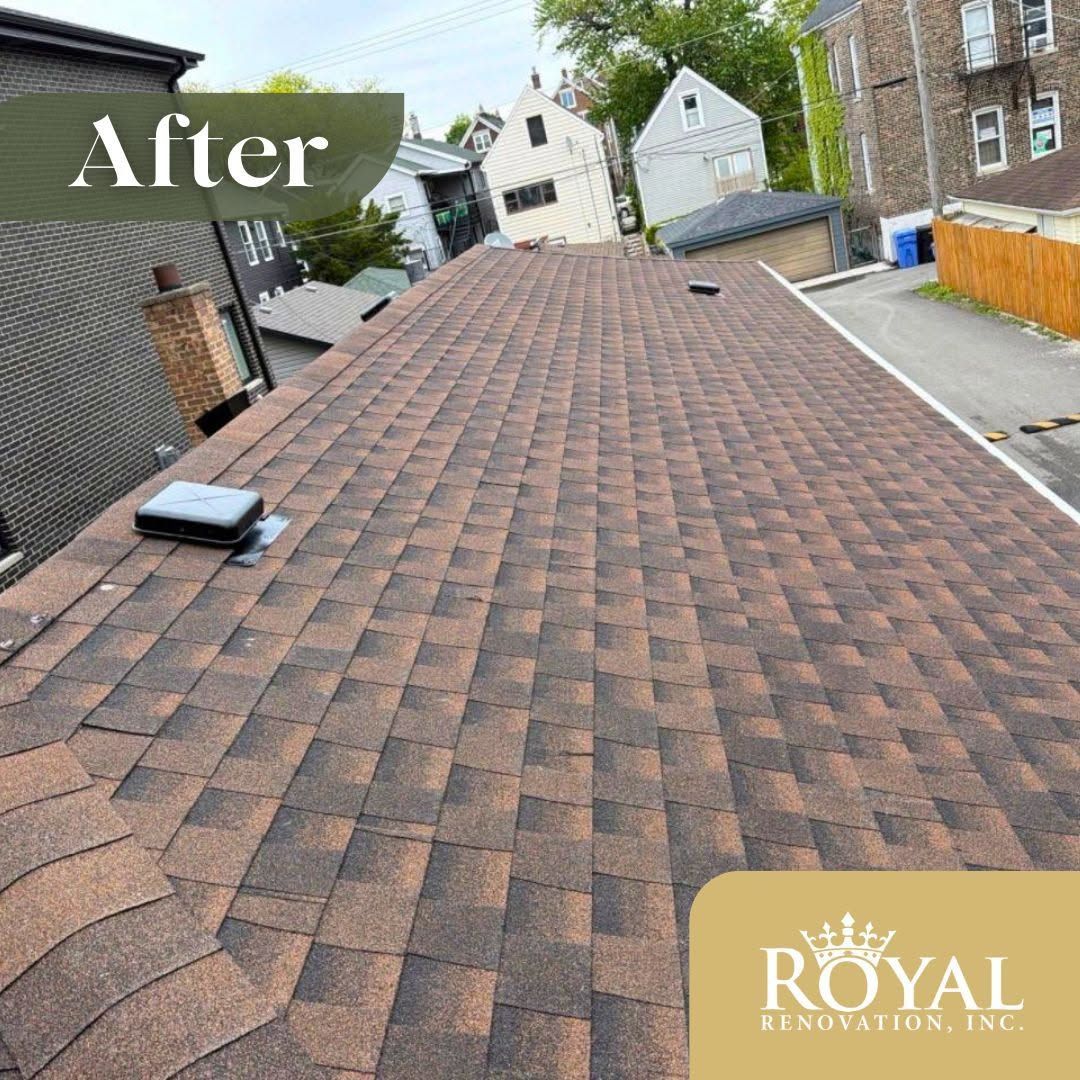 Brown shingle roof before-and-after view with a vent, shown in a residential neighborhood.