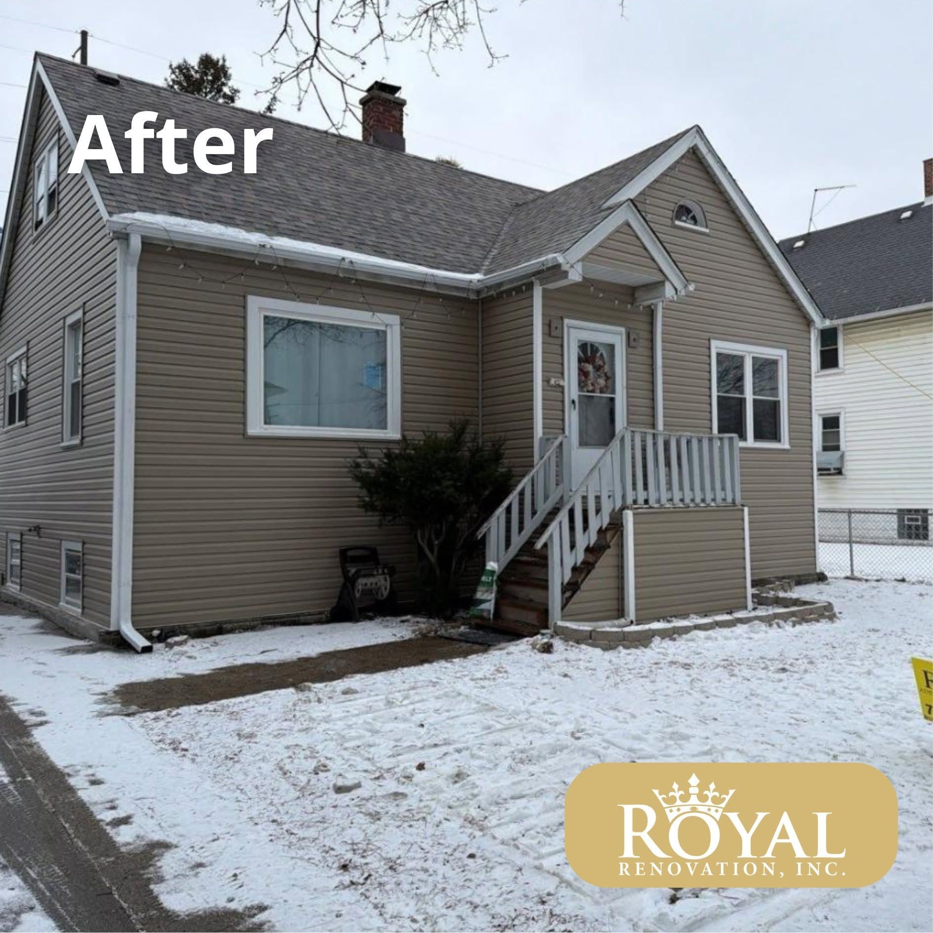 Small tan house with snow-covered yard and porch, labeled “After.”