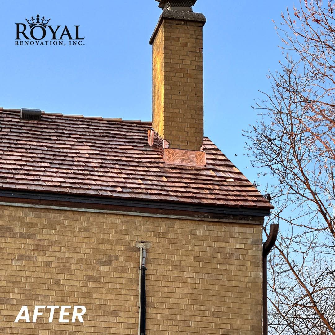 Roof with brick chimney and blue sky, labeled “AFTER” in the corner.
