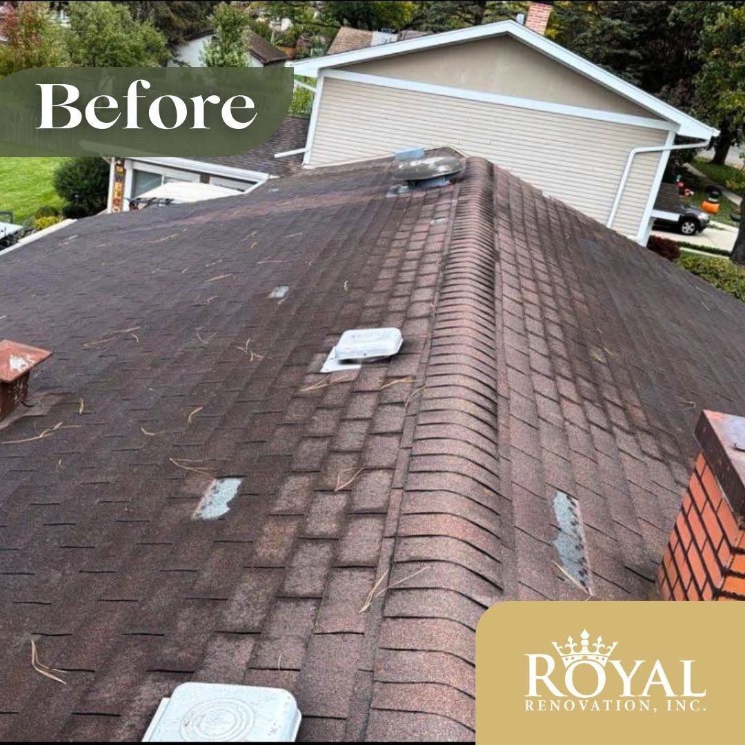 Before: worn dark-brown shingle roof on a house with a dormer and chimney vents