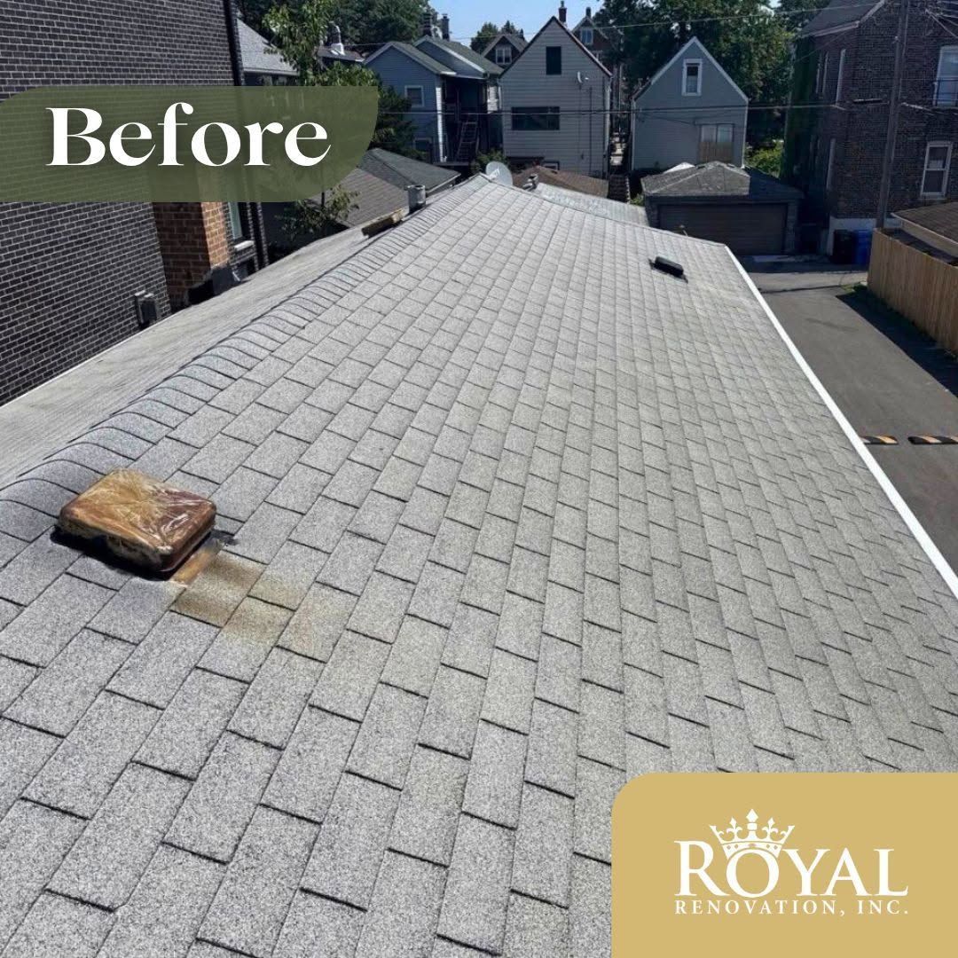 Before view of a light gray shingle roof with a few vents and neighboring houses in the background