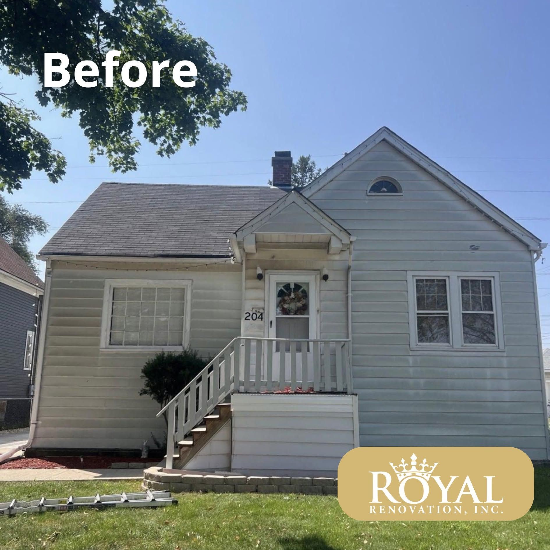 Small white house with front porch and steps under a blue sky, labeled “Before”
