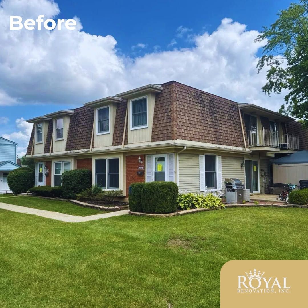 Before: two-story beige house with brown shingle roof, white trim, and a green lawn under a blue sky.