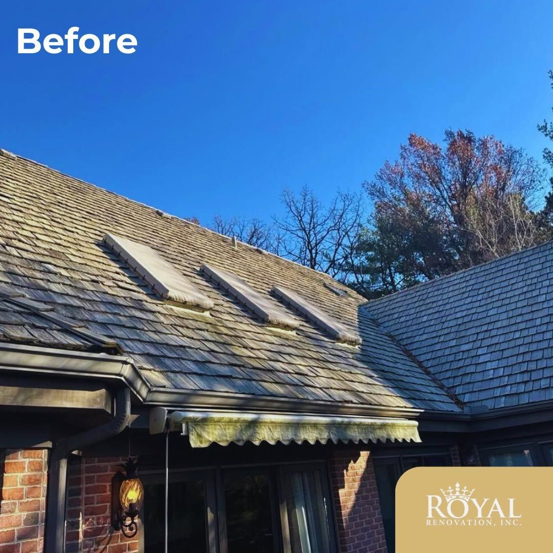 Before: brick house roof with skylights and blue sky, showing weathered shingles and chimney.