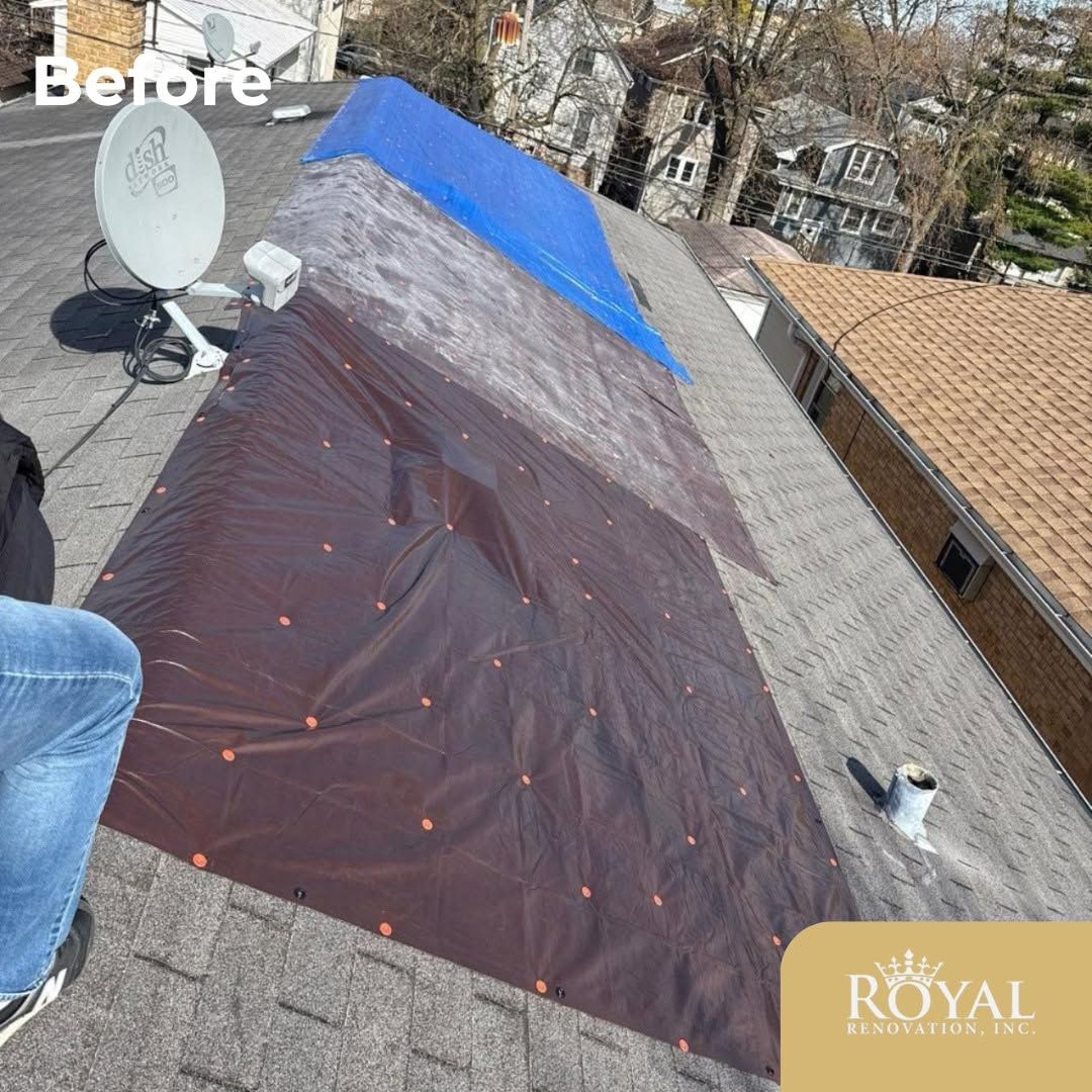 Rooftop with brown tarp, blue tarp strip, and satellite dish; a person’s leg at left, “Before” label.