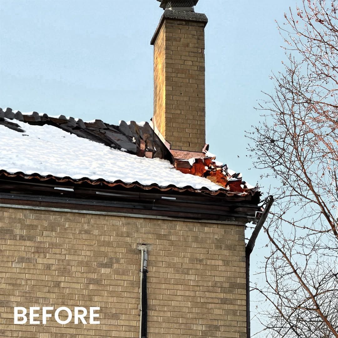 Snow-covered brick roof with a damaged chimney and exposed red tiles, marked “BEFORE.”