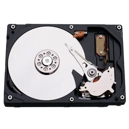 The inside of a hard drive is shown on a white background.
