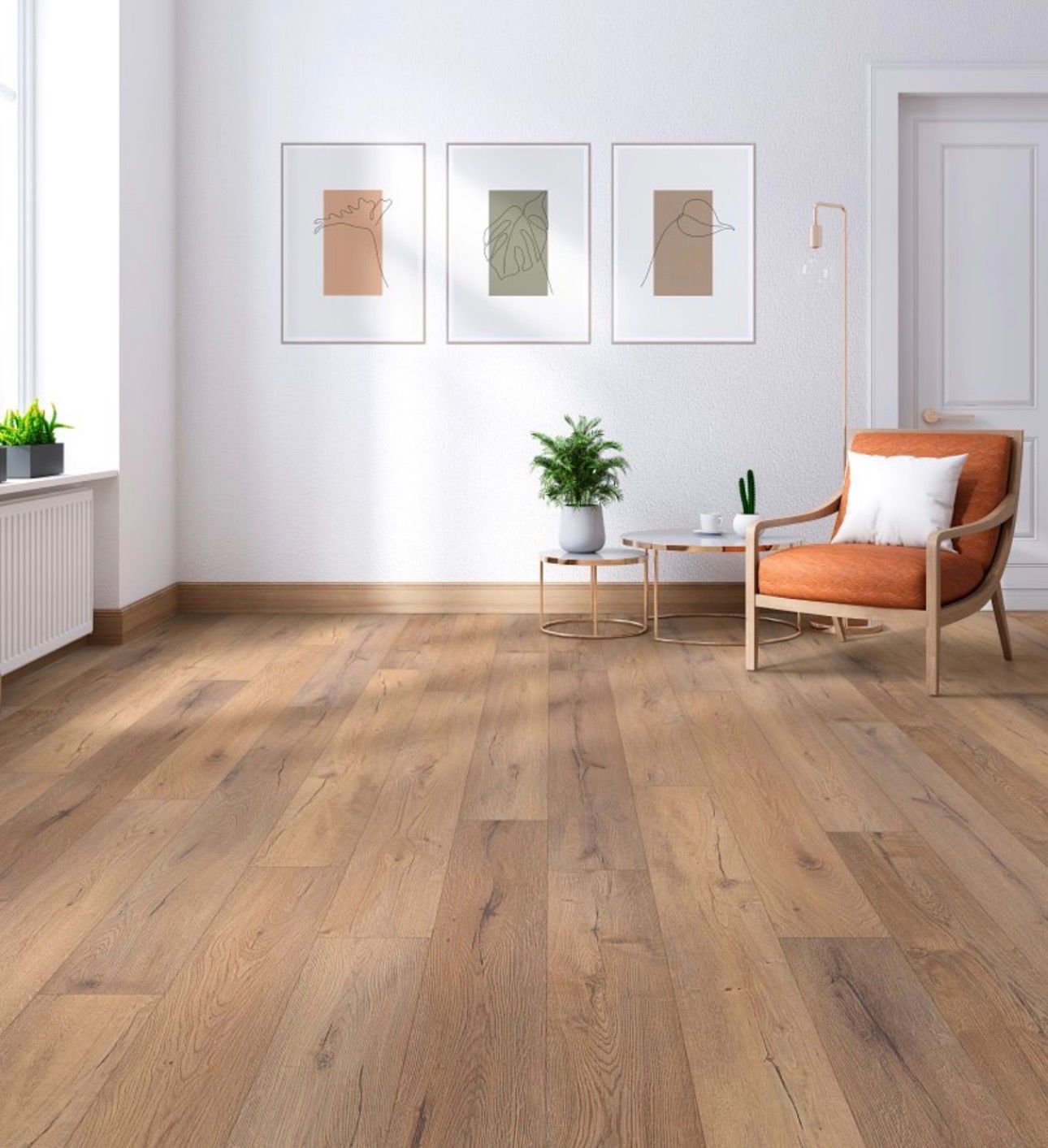 Bright minimalist living room with wood floors, wall art, orange chair, and small plant table.