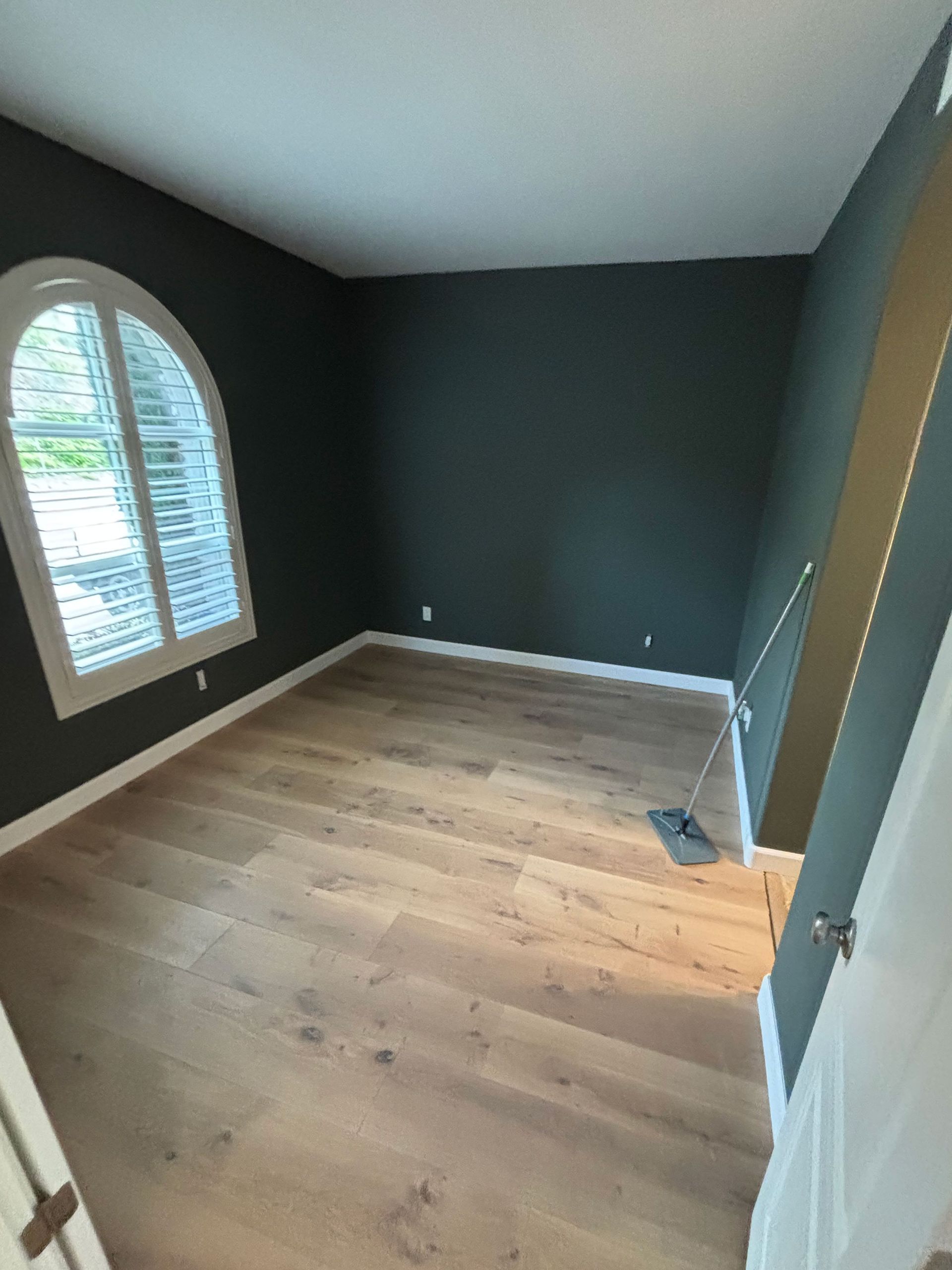 Empty room with dark gray walls, light wood floor, and an arched window with blinds.