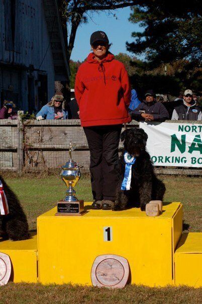 A woman in a red hoodie stands next to a black dog on a yellow podium with the number 1 on it