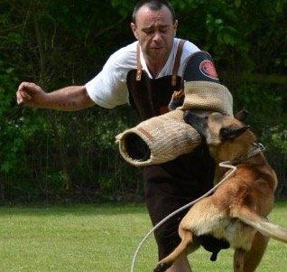 A man is training a dog with a wicker sleeve on his arm