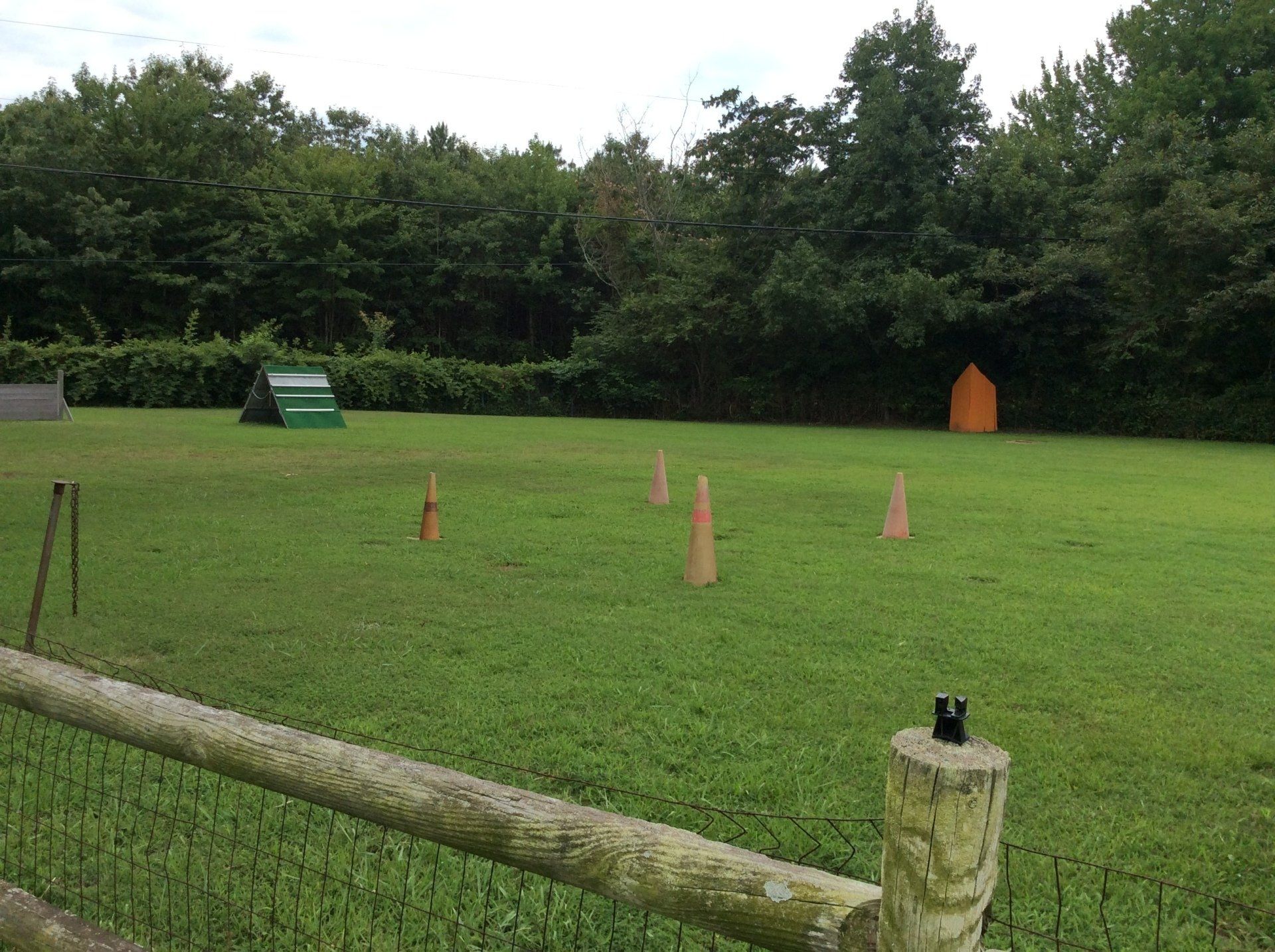 A wooden fence surrounds a grassy field with cones in it