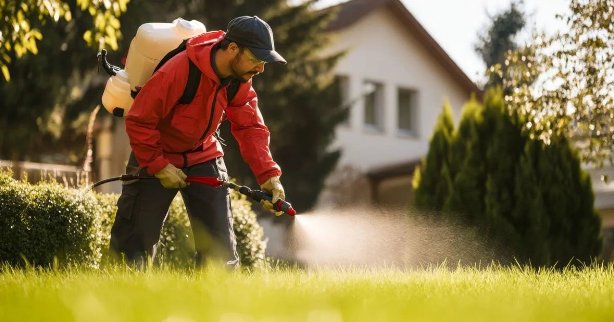 Man spraying chemicals on a lawn with a backpack sprayer in front of a house.