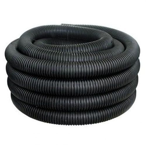Black corrugated flexible drainage pipe, coiled.