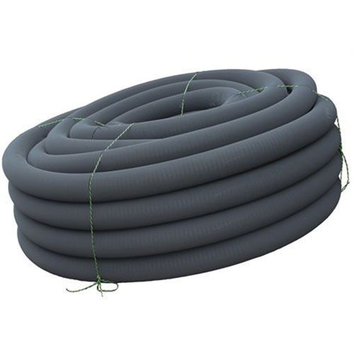 Coiled gray landscape fabric roll tied with green twine.
