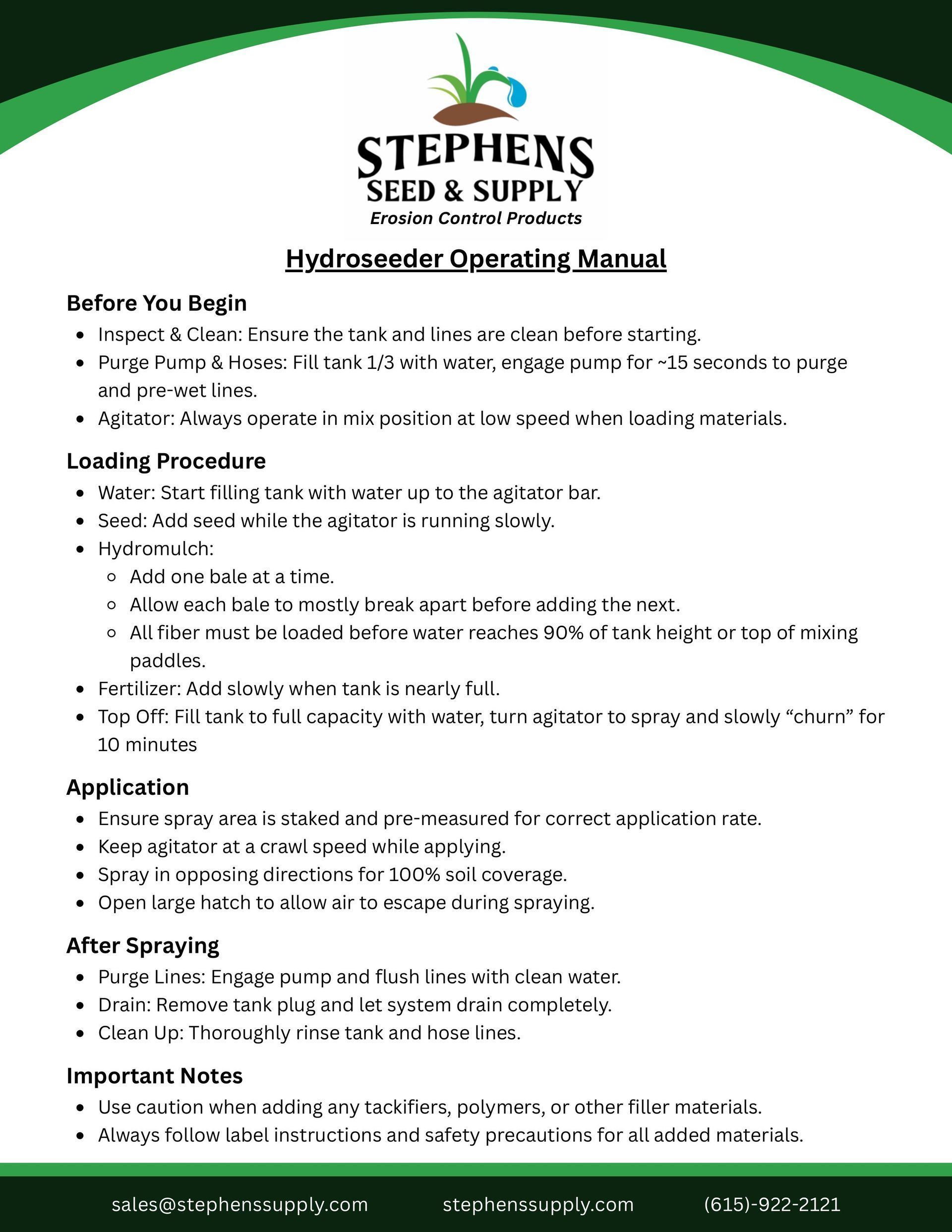 Hydrometer Operating Manual from Stephens Seed & Supply. Text in green and white.