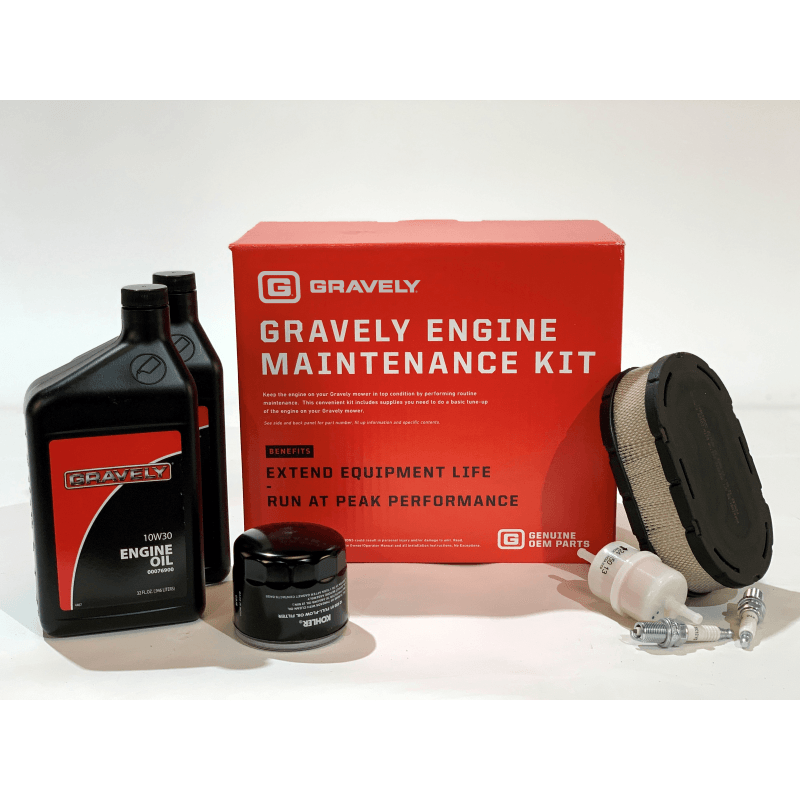 Gravely engine maintenance kit containing oil, filter, and air filter.
