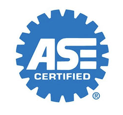 A blue and white logo that says ase certified