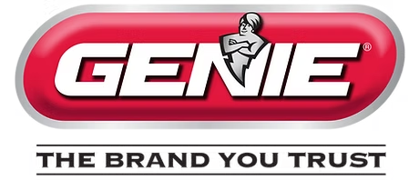 Genie Garage Doors logo with red garage icon and blue text