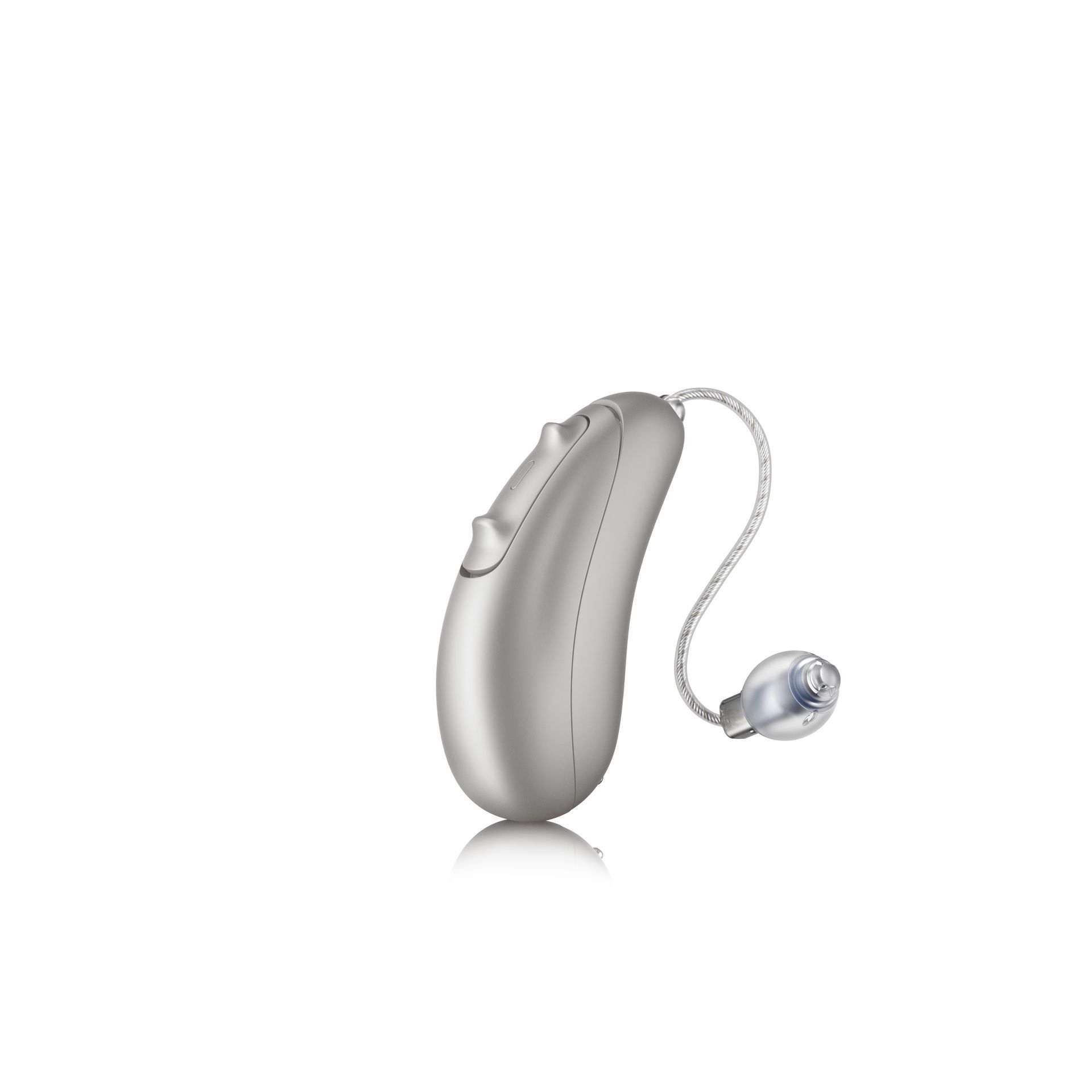 A close up of a hearing aid on a white background