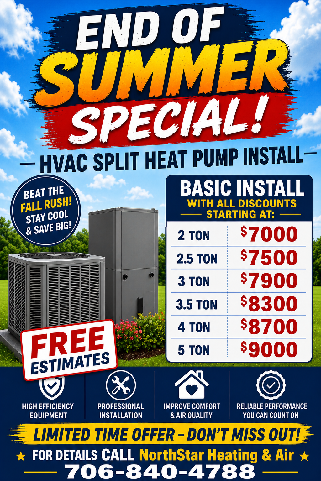 HVAC end-of-summer special ad for split heat pump installs with prices, free estimates, and contact info