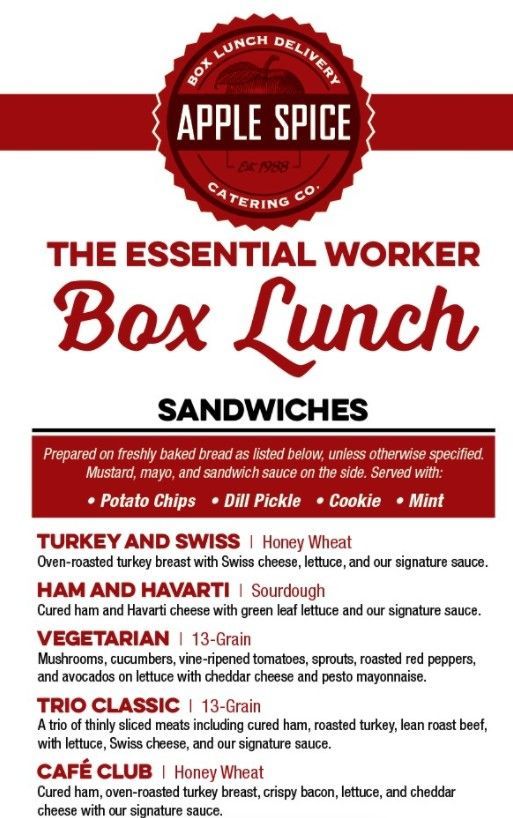 Box lunch menu for essential workers from Apple Spice Catering Co. with sandwich options.