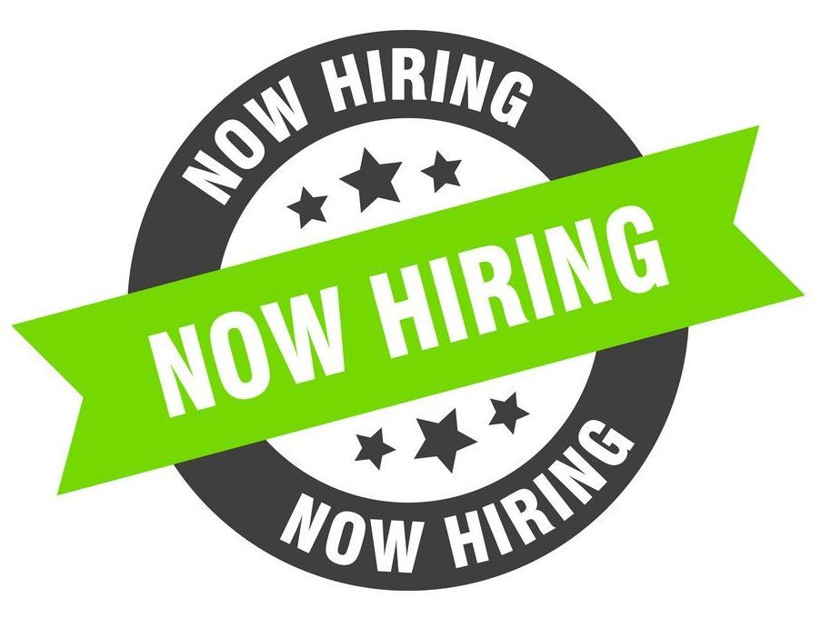 Bright green ribbon over black-and-white “NOW HIRING” badge