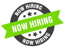 Bright green ribbon over black-and-white “NOW HIRING” badge
