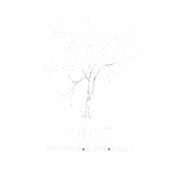 Logo for Nest, a kitchen, bath, and home store, featuring a bare tree silhouette in white on a black background.