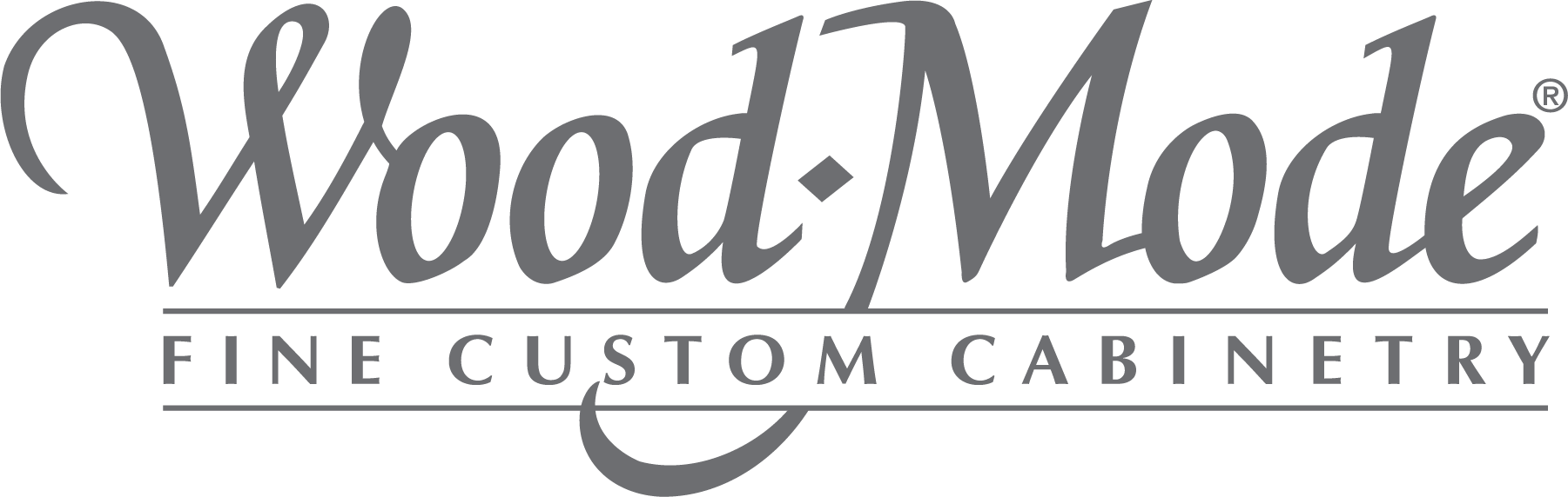 Wood-Mode logo in gray with Fine Custom Cabinetry tagline underneath