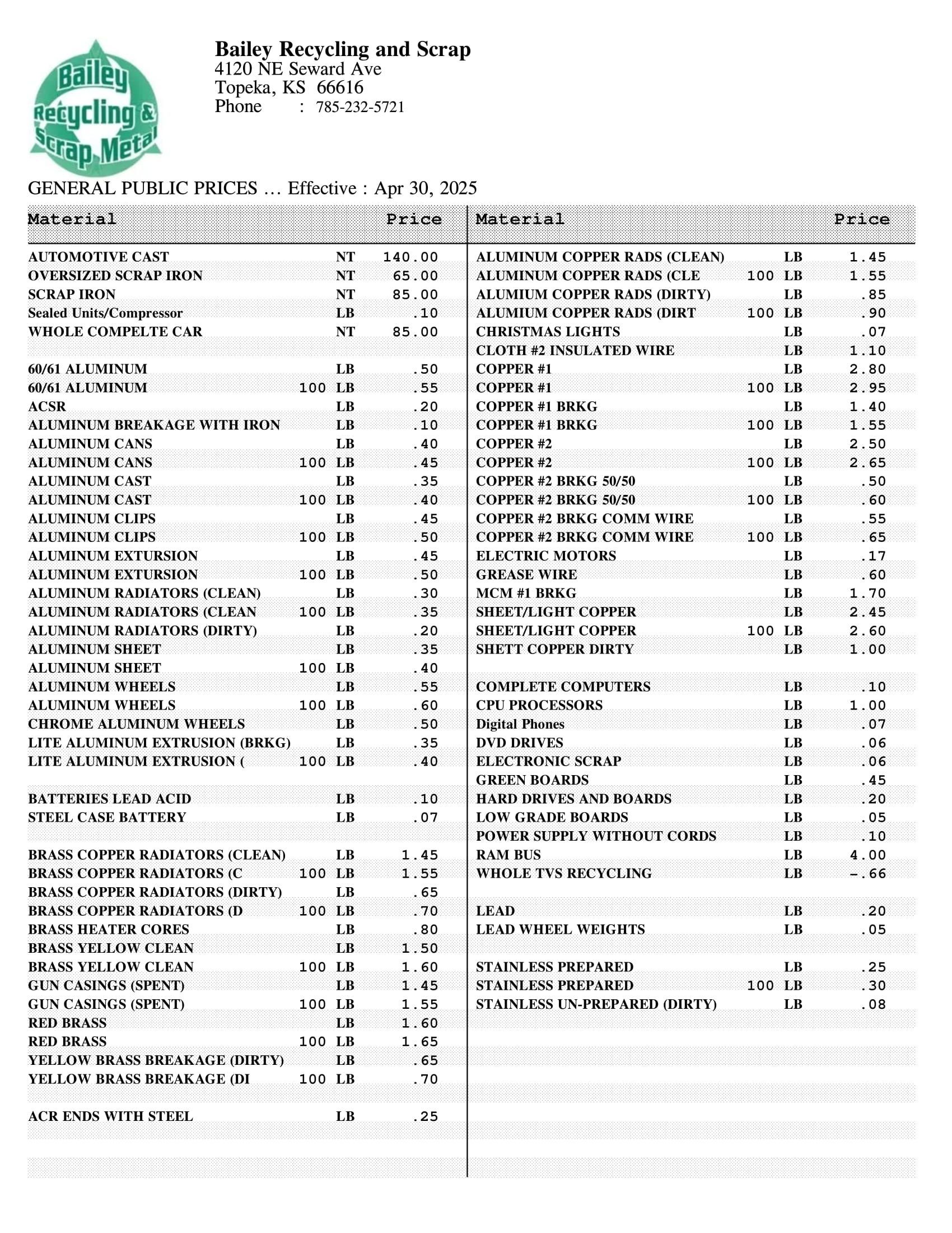 Bailey Recycling and Scrap - General Public Prices