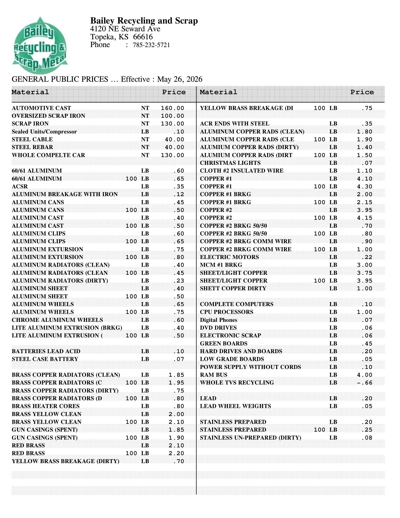Bailey Recycling and Scrap - General Public Prices
