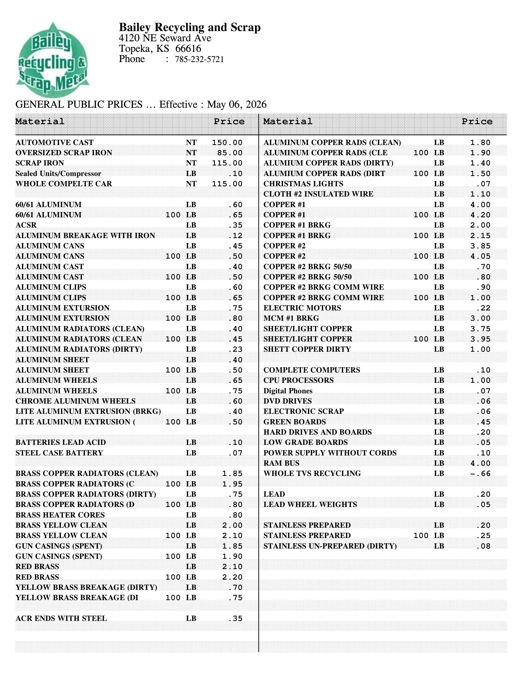 Bailey Recycling and Scrap - General Public Prices