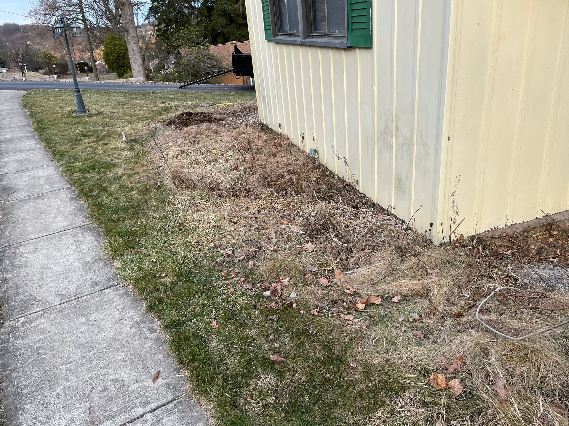 Yellow house next to a sidewalk, unkempt brown and green yard.