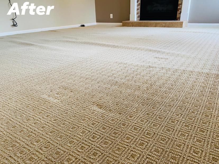 Cleaned beige patterned carpet in a room; a fireplace is in the background.