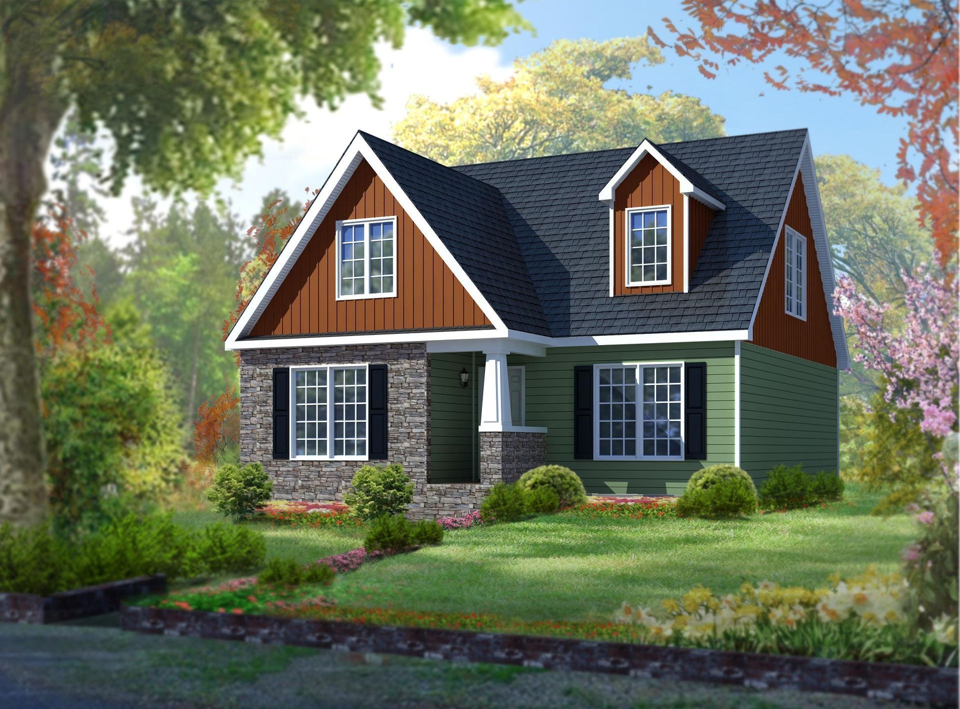 An artist 's impression of a house with a green and brown roof