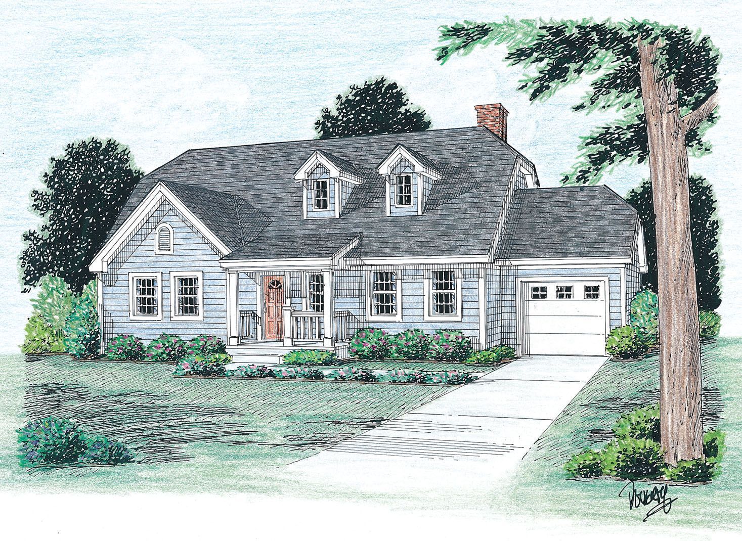 A drawing of a house with a tree in front of it