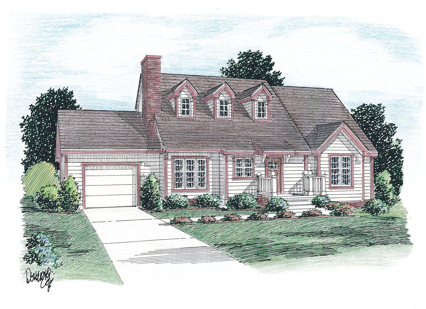 A drawing of a house with a garage and a chimney