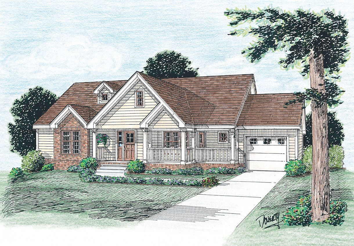 A drawing of a house with a tree in front of it