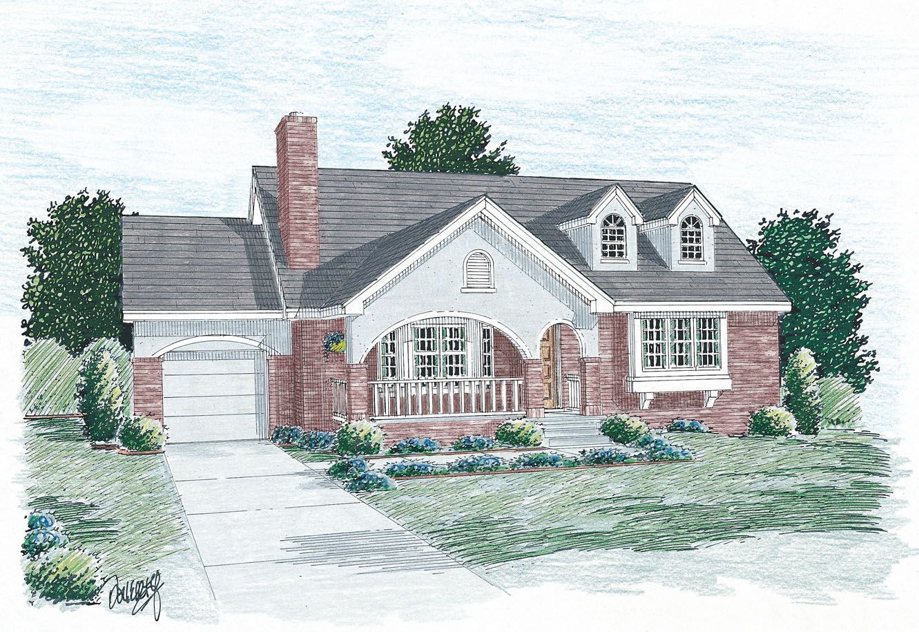 A drawing of a brick house with a garage