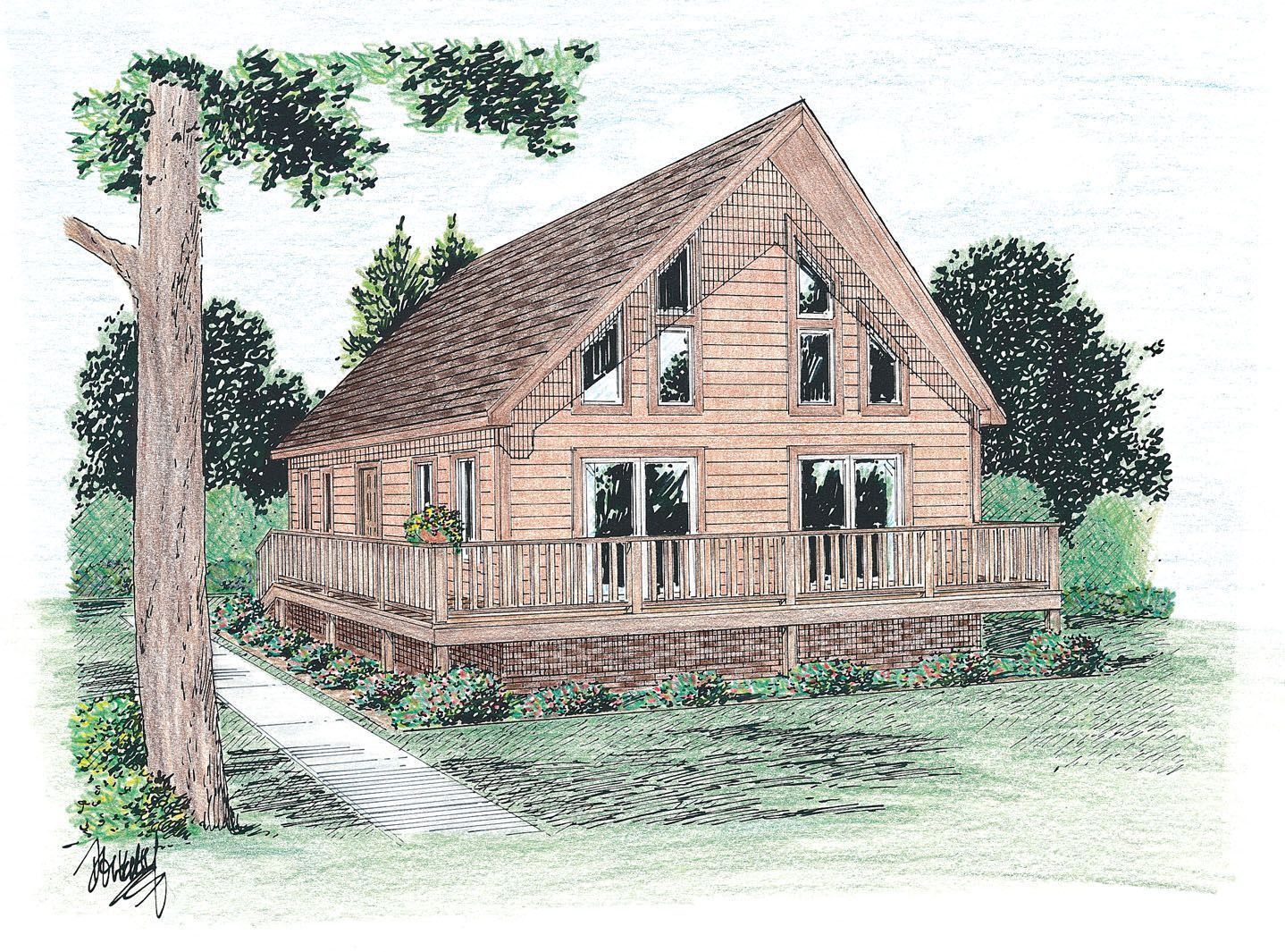 A drawing of a log cabin with a large deck