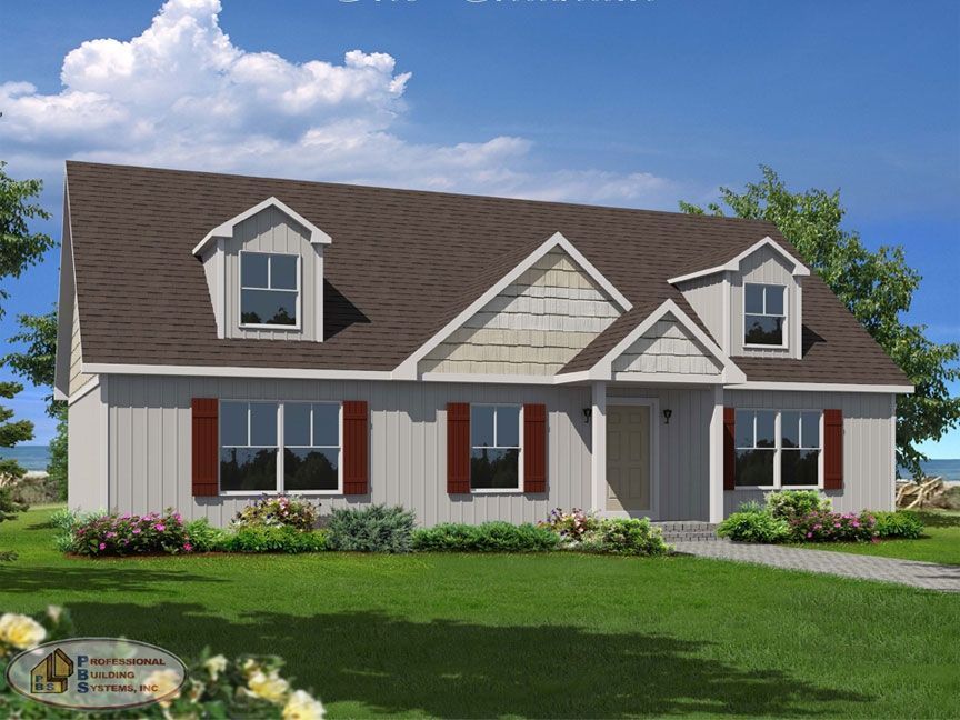 A house with a brown roof and red shutters