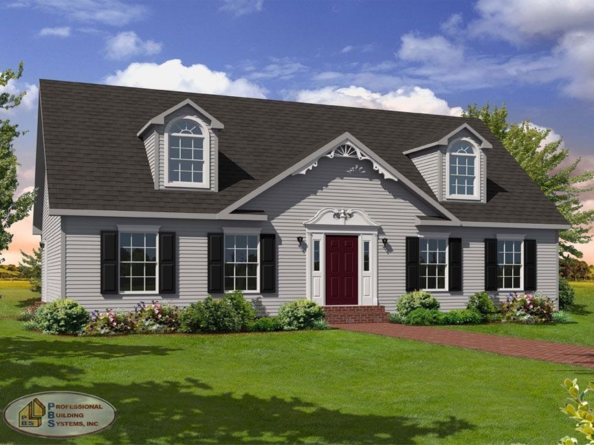 A white house with black shutters and a red door