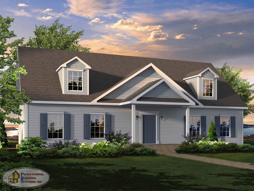 A white house with a brown roof and blue shutters