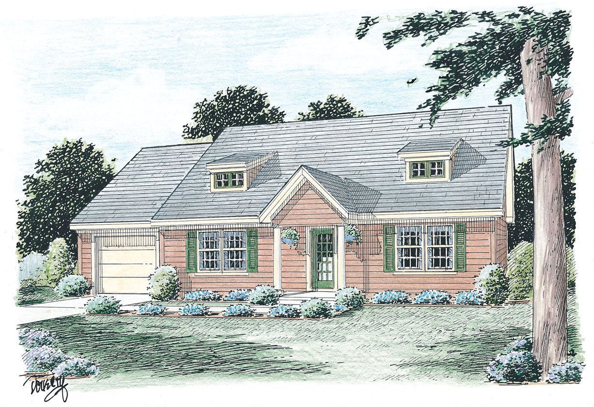 A drawing of a brick house with green shutters