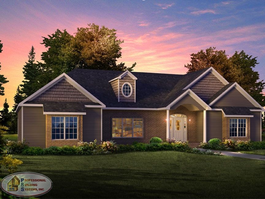 A rendering of a house with a sunset in the background