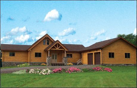 A large wooden house with a red roof is sitting on top of a lush green field.
