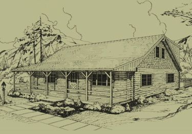 A black and white drawing of a log cabin with a porch