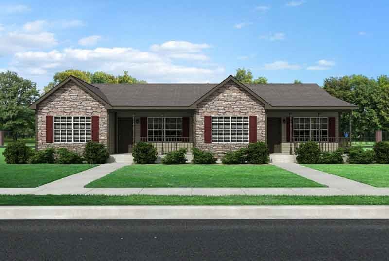 An artist 's impression of a brick house with red shutters