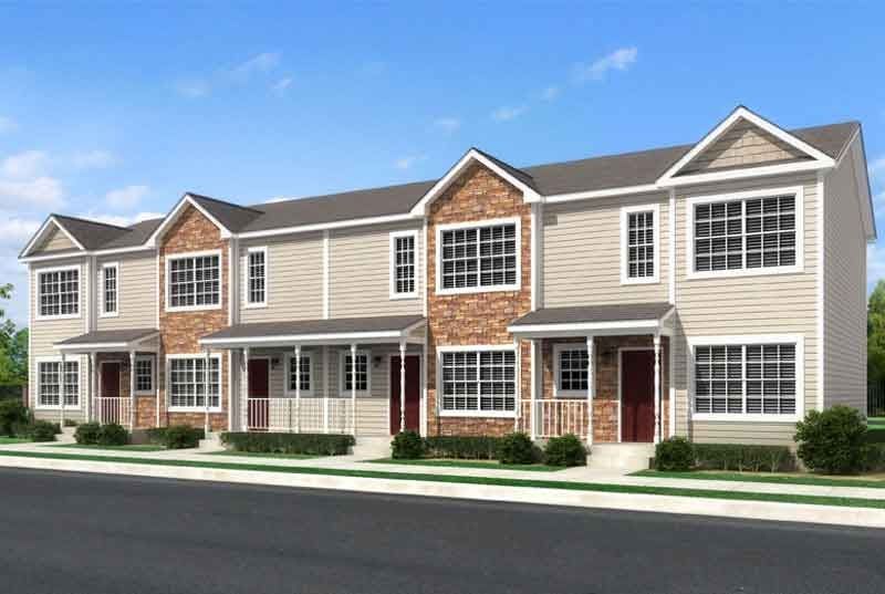 An artist 's impression of a row of apartment buildings.